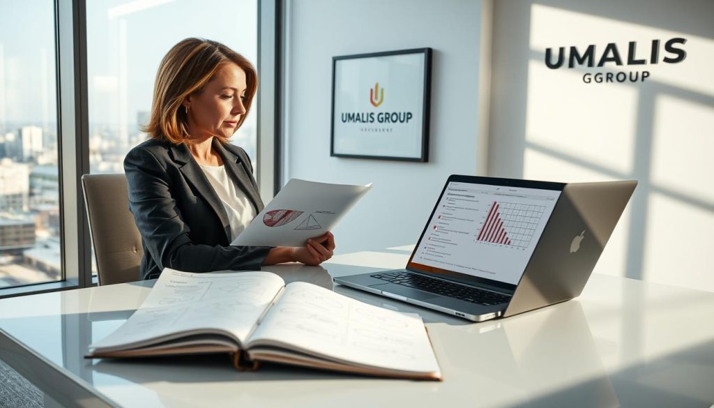 A professional consultant seated at a sleek modern desk in a bright, well-lit office, analyzing a complex data report on a laptop screen. The consultant, a middle-aged woman dressed in smart business attire, studies the data with a focused expression. In the foreground, a large notepad filled with notes and diagrams about language model evaluation sits beside the laptop. In the middle background, large windows reveal a cityscape, hinting at a high-rise business district. Soft, natural light floods the scene, casting gentle shadows that create an inviting atmosphere. On the wall, a framed logo of "UMALIS GROUP" subtly emphasizes the consultancy's brand. The image conveys diligence and professionalism, highlighting the importance of contextual evaluation in language model performance.