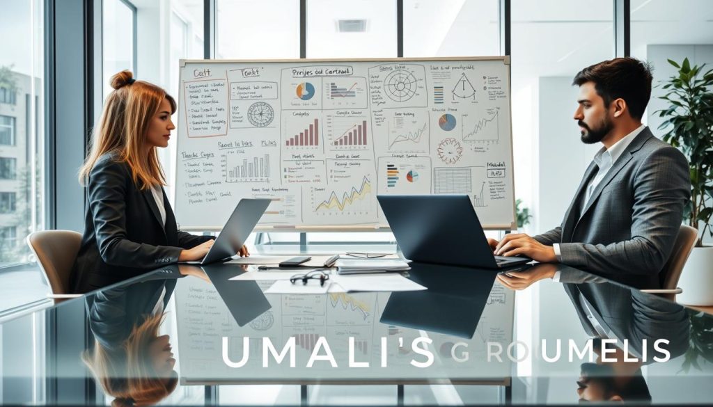 A professional consultant setting in a contemporary office environment, focusing on "Données de mission en portage salarial". In the foreground, a diverse group of three individuals in business attire (a woman and two men) are gathered around a sleek glass table, reviewing documents and charts on laptops. In the middle ground, a large, modern whiteboard filled with project data, graphs, and notes highlights key statistics and figures relevant to the topic. The background showcases a clean, bright office with large windows allowing natural light, giving a vibrant and productive atmosphere. The lens captures a slightly angled view, creating depth and drawing focus on the group. The overall mood is collaborative and analytical, embodying a professional setting to discuss consulting data. Include the brand name "UMALIS GROUP" subtly integrated into the scene. A professional consultant setting in a contemporary office environment, focusing on "Données de mission en portage salarial". In the foreground, a diverse group of three individuals in business attire (a woman and two men) are gathered around a sleek glass table, reviewing documents and charts on laptops. In the middle ground, a large, modern whiteboard filled with project data, graphs, and notes highlights key statistics and figures relevant to the topic. The background showcases a clean, bright office with large windows allowing natural light, giving a vibrant and productive atmosphere. The lens captures a slightly angled view, creating depth and drawing focus on the group. The overall mood is collaborative and analytical, embodying a professional setting to discuss consulting data. Include the brand name "UMALIS GROUP" subtly integrated into the scene.