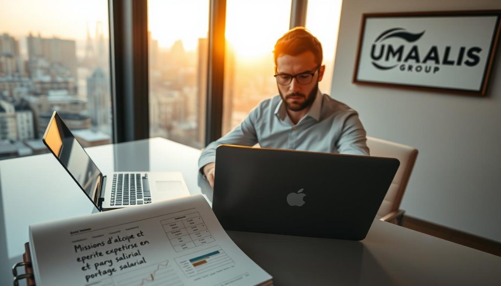 A professional consultant sits at a sleek desk in a modern office, analyzing data on a laptop, with charts and graphs reflecting purchasing expertise. In the foreground, a notepad filled with strategic notes on “Missions d’achat et expertise en portage salarial” is visible. The middle ground features a large window showcasing a cityscape bathed in warm afternoon light, symbolizing opportunity and growth. On the wall behind, a framed logo reads "UMALIS GROUP". The scene is well-lit, emphasizing a dynamic and professional atmosphere, captured with a slight depth of field to blur the background, focusing on the consultant’s intense expression. The overall mood is one of ambition and insight, conveying the importance of leveraging AI in purchasing consultancy.