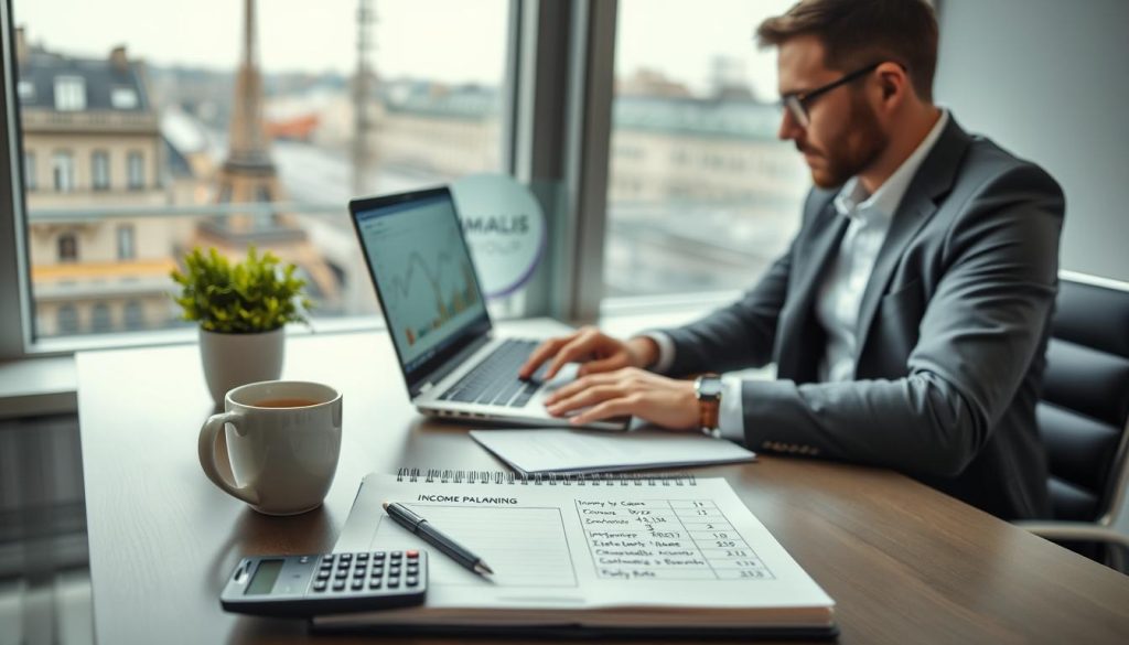 A professional consultant sitting at a modern desk, deeply focused on a laptop displaying graphs and financial data related to income planning. In the foreground, a notepad with notes on calculating a sustainable daily rate sits next to a calculator. The middle ground features a stylish coffee cup and a potted plant, creating a productive work environment. In the background, a window shows a view of Paris, with the Eiffel Tower subtly visible, symbolizing the location's business atmosphere. The scene is illuminated by soft, natural light, creating a warm and inviting mood. The consultant, dressed in business attire, exudes professionalism and determination. The logo of "Umalis Group" subtly appears on the laptop screen, enhancing the consulting theme without overwhelming the image. A professional consultant sitting at a modern desk, deeply focused on a laptop displaying graphs and financial data related to income planning. In the foreground, a notepad with notes on calculating a sustainable daily rate sits next to a calculator. The middle ground features a stylish coffee cup and a potted plant, creating a productive work environment. In the background, a window shows a view of Paris, with the Eiffel Tower subtly visible, symbolizing the location's business atmosphere. The scene is illuminated by soft, natural light, creating a warm and inviting mood. The consultant, dressed in business attire, exudes professionalism and determination. The logo of "Umalis Group" subtly appears on the laptop screen, enhancing the consulting theme without overwhelming the image.
