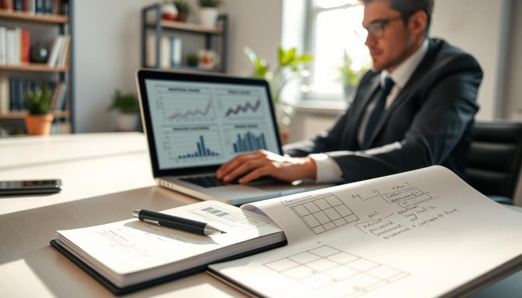 A professional consultant sitting at a modern desk, deeply focused on their laptop, with graphs and charts displayed on the screen illustrating adaptable pricing strategies for freelance work. In the foreground, a sleek notebook is open, showcasing sketches and notes about mission-specific pricing techniques. In the middle, a bright window allows natural light to pour in, creating a warm and inviting atmosphere. The background features blurred office elements, like a bookshelf filled with business books and potted plants, adding a touch of greenery. The mood is one of productivity and clarity, with an emphasis on strategic planning. The consultant is wearing smart business attire, reflecting professionalism and expertise. Soft shadows enhance the depth, captured with a slightly angled perspective for an engaging view.