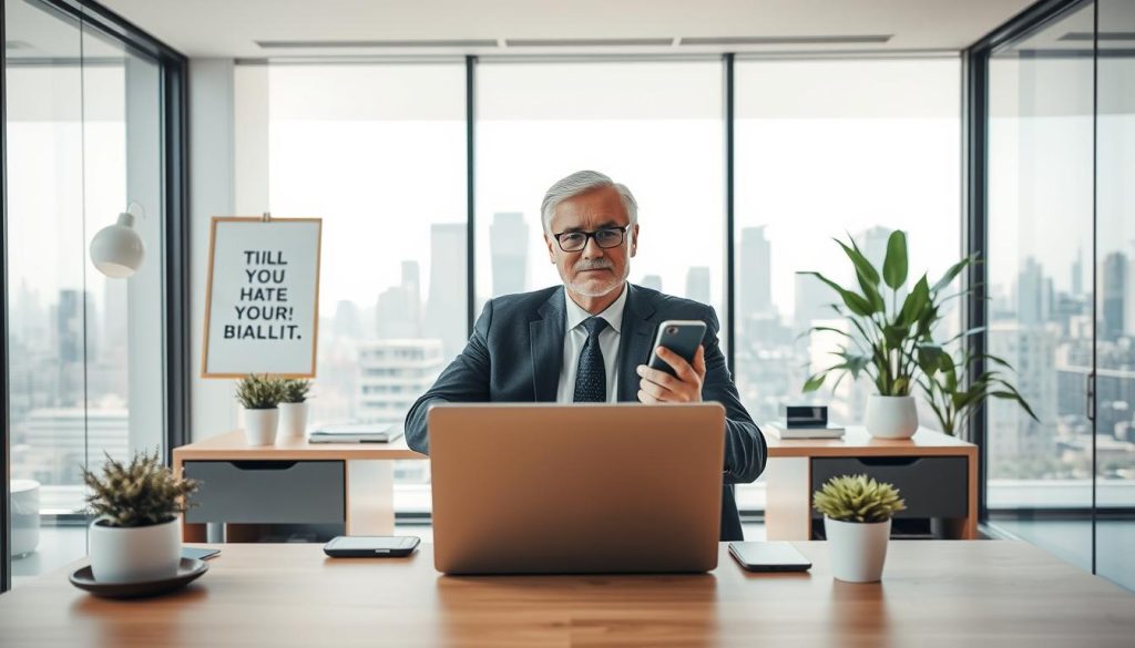 A professional consultant sitting at a modern, sleek desk adorned with plants and motivational artwork, surrounded by digital devices like a laptop and smartphone. The foreground features the consultant, a middle-aged person dressed in smart business attire, confidently engaging in a video call, displaying a sense of focus and autonomy. In the middle layer, the bright and airy office space includes large windows allowing soft natural light to flood in, highlighting an organized workspace. The background shows a city skyline through the glass, symbolizing professional opportunities and independence. The atmosphere conveys a sense of empowerment and achievement, emphasizing the advantages of professional autonomy with a clean, minimalist aesthetic.