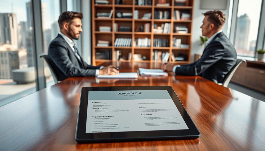 A professional consultant sitting at a sleek desk in a modern office, engaged in a conversation with a client across from them. The consultant is dressed in a tailored suit, exuding confidence and expertise, while the client, also in business attire, appears attentive and engaged. The foreground shows a neatly arranged digital tablet displaying a project outline and notes. In the middle ground, a large window reveals a bustling cityscape, allowing natural light to illuminate the scene, casting soft shadows on the polished wooden desk. The atmosphere is collaborative and focused, emphasizing the importance of the client briefing process. In the background, an elegant bookshelf filled with business literature adds depth to the professional setting. A subtle logo of "UMALIS GROUP" is visible on the tablet screen.
