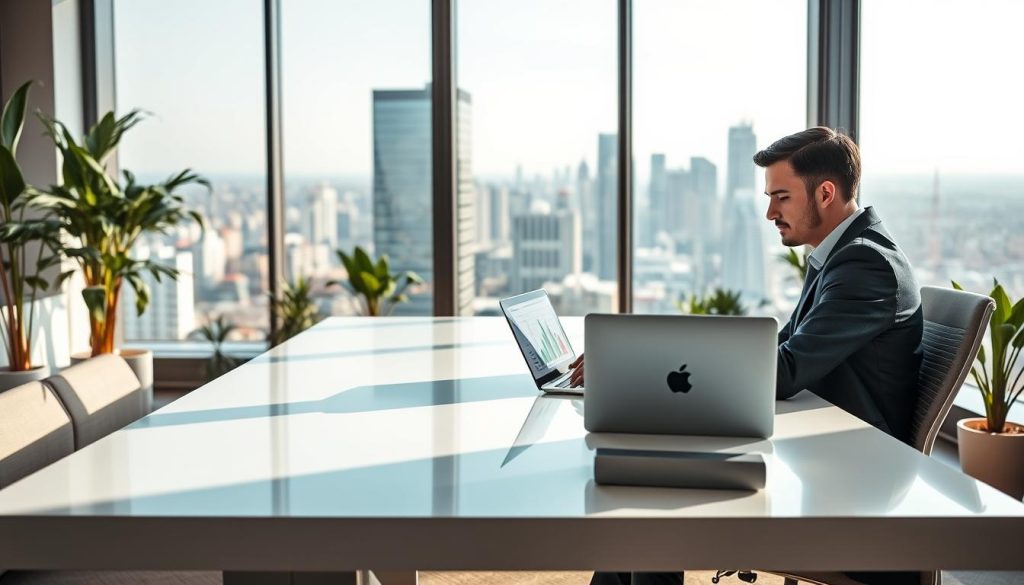 A professional consultant sitting at a sleek, modern desk in a bright office space, showcasing the advantages of international salary portage. In the foreground, the consultant, dressed in smart business attire, is using a laptop with graphs and data displayed on the screen. In the middle ground, a large window reveals a panoramic view of a bustling city skyline, symbolizing global opportunities. The office is filled with plants, and warm, natural light floods the room, creating an inviting atmosphere. On the desk, a small logo of "UMALIS GROUP" subtly appears, emphasizing the theme of security and flexibility. The overall mood is optimistic and professional, reflecting the potential growth and freedom that consultants can achieve through international salary portage.
