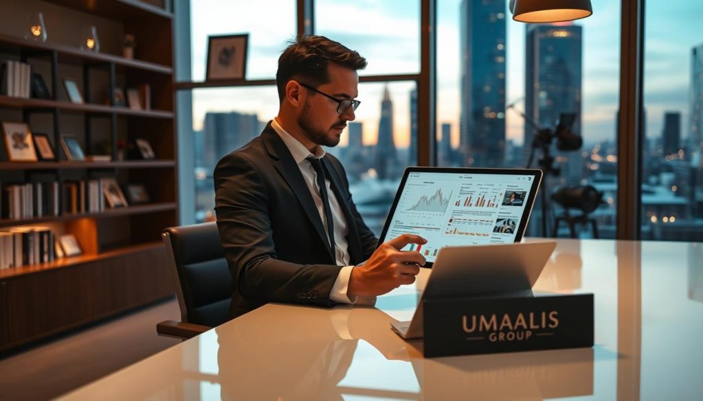 A professional consultant sitting at a sleek, modern desk in a well-lit, stylish office, reviewing a digital tablet displaying project timelines and status reports. The foreground features the consultant, dressed in business attire, focused and engaged in work. In the middle ground, shelves filled with books and awards highlight their expertise, while a large window reveals a city skyline illuminated by the soft glow of dusk. The mood is diligently productive, with warm lighting creating an inviting atmosphere. The image subtly includes the logo "UMALIS GROUP" on a visible office item, reinforcing the consulting theme without distractions. Capture this scene with a slightly elevated camera angle to emphasize both the consultant and the surrounding environment, ensuring depth and clarity.