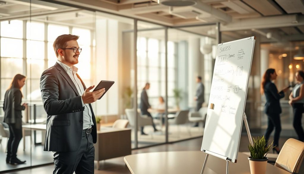 A professional consultant standing confidently at a modern workspace, engaged in a discussion about success strategies. The foreground features a well-dressed individual, wearing formal business attire, holding a tablet and gesturing towards a whiteboard filled with diagrams and key concepts. In the middle ground, a stylish office environment with glass partitions, contemporary furniture, and natural light streaming through large windows. The background shows subtle hints of teamwork with silhouettes of diverse professionals collaborating. The mood is inspiring and focused, emphasizing ambition and professionalism, captured from a slightly angled view to suggest depth and engagement. Soft, warm lighting enhances the positive atmosphere, creating a sense of productivity and motivation.