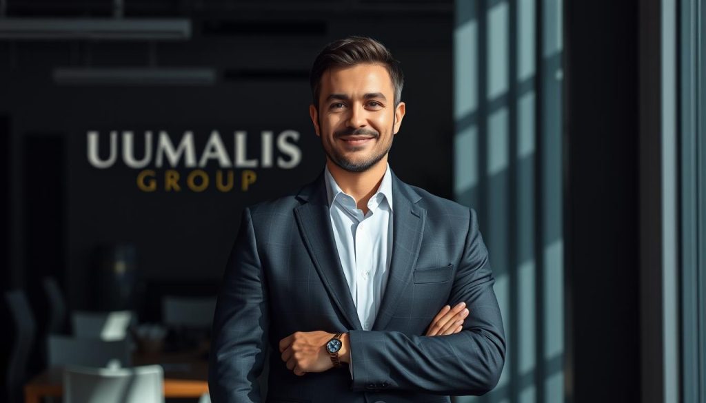 A professional consultant standing confidently, dressed in a well-tailored suit, against a backdrop of a modern office setting. The lighting is soft and directional, casting subtle shadows that accentuate the hybrid nature of their role. The UMALIS GROUP logo is prominently displayed, reinforcing the professionalism and credibility of the consulting service. The overall atmosphere conveys a sense of authority, expertise, and the blending of traditional employment and entrepreneurial independence.