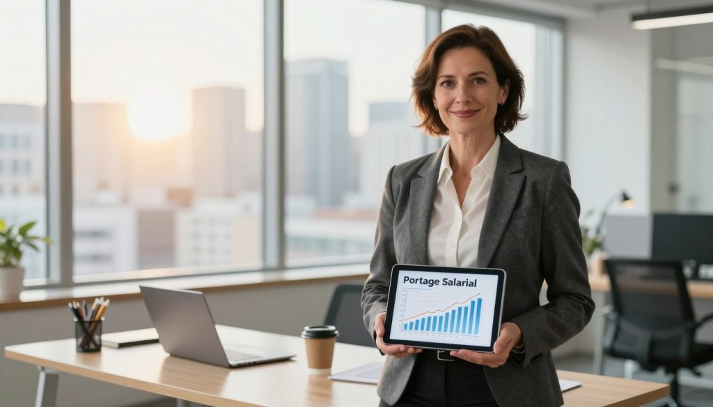 A professional consultant standing confidently in a bright, modern office environment, showcasing the advantages of portage salarial. In the foreground, the consultant, a middle-aged woman with short brown hair, wearing a smart business suit, looks at the viewer with a reassuring smile. She is holding a digital tablet displaying graphs indicative of financial security and autonomy. In the middle ground, a sleek desk with a laptop, stationery, and a coffee cup signifies a productive workspace. In the background, large windows reveal a vibrant cityscape, bathed in warm, natural light, creating an atmosphere of motivation and success. The scene conveys a sense of security, professionalism, and independence, ideal for consultants exploring new opportunities. A professional consultant standing confidently in a bright, modern office environment, showcasing the advantages of portage salarial. In the foreground, the consultant, a middle-aged woman with short brown hair, wearing a smart business suit, looks at the viewer with a reassuring smile. She is holding a digital tablet displaying graphs indicative of financial security and autonomy. In the middle ground, a sleek desk with a laptop, stationery, and a coffee cup signifies a productive workspace. In the background, large windows reveal a vibrant cityscape, bathed in warm, natural light, creating an atmosphere of motivation and success. The scene conveys a sense of security, professionalism, and independence, ideal for consultants exploring new opportunities.