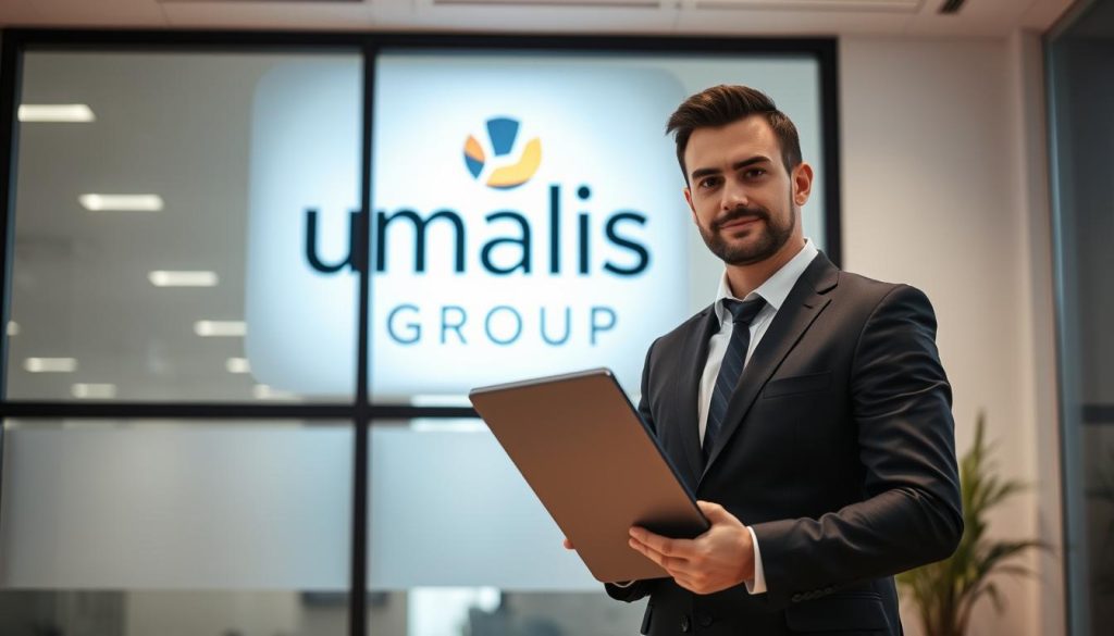 A professional consultant standing confidently in a well-lit modern office, wearing a sharp suit and holding a tablet. Behind them, the Umalis Group logo is prominently displayed on a sleek glass wall. The atmosphere conveys a sense of expertise, innovation, and the benefits of the "portage salarial" employment model. The scene is captured from a slightly low angle, emphasizing the subject's authority and the company's forward-thinking approach.