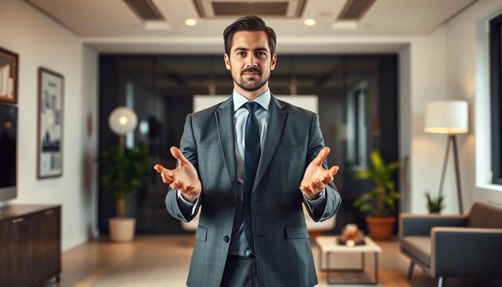 A professional consultant standing confidently in a well-lit office, dressed in a sharp suit and tie. They are gesturing with their hands, conveying the advantages of the Umalis Group's portage salarial services. The background features a clean, modern workspace with minimalist furniture and decor, creating a sense of professionalism and efficiency. Subtle warm lighting and a shallow depth of field focus attention on the consultant, who exudes expertise and authority. The overall scene evokes a sense of security, freedom, and the benefits of the portage salarial model for independent professionals. A professional consultant standing confidently in a well-lit office, dressed in a sharp suit and tie. They are gesturing with their hands, conveying the advantages of the Umalis Group's portage salarial services. The background features a clean, modern workspace with minimalist furniture and decor, creating a sense of professionalism and efficiency. Subtle warm lighting and a shallow depth of field focus attention on the consultant, who exudes expertise and authority. The overall scene evokes a sense of security, freedom, and the benefits of the portage salarial model for independent professionals.