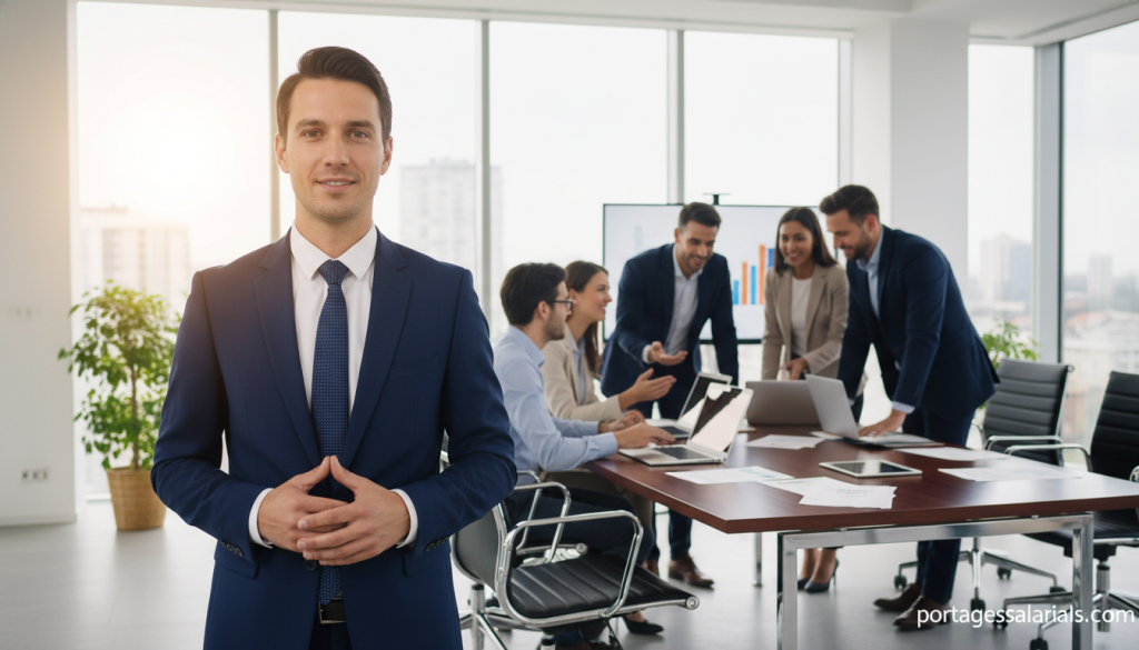 A professional consultant stands confidently at the forefront, dressed in a sharp navy suit with a crisp white shirt and a subtle tie. Their expression is focused yet approachable, symbolizing expertise and trust. In the middle ground, a diverse group of employees, both men and women, are engaged in a collaborative discussion around a sleek, modern conference table filled with laptops and documents. The background features a contemporary office space with large windows, allowing natural light to flood in and create a warm, inviting atmosphere. The ambiance conveys a sense of professionalism, teamwork, and growth. Soft, diffused lighting enhances the setting, while a shallow depth of field subtly blurs the background. Include the brand "portagesalarials.com" in the scene discreetly, reinforcing the message of employee testimonials in consulting. A professional consultant stands confidently at the forefront, dressed in a sharp navy suit with a crisp white shirt and a subtle tie. Their expression is focused yet approachable, symbolizing expertise and trust. In the middle ground, a diverse group of employees, both men and women, are engaged in a collaborative discussion around a sleek, modern conference table filled with laptops and documents. The background features a contemporary office space with large windows, allowing natural light to flood in and create a warm, inviting atmosphere. The ambiance conveys a sense of professionalism, teamwork, and growth. Soft, diffused lighting enhances the setting, while a shallow depth of field subtly blurs the background. Include the brand "portagesalarials.com" in the scene discreetly, reinforcing the message of employee testimonials in consulting.
