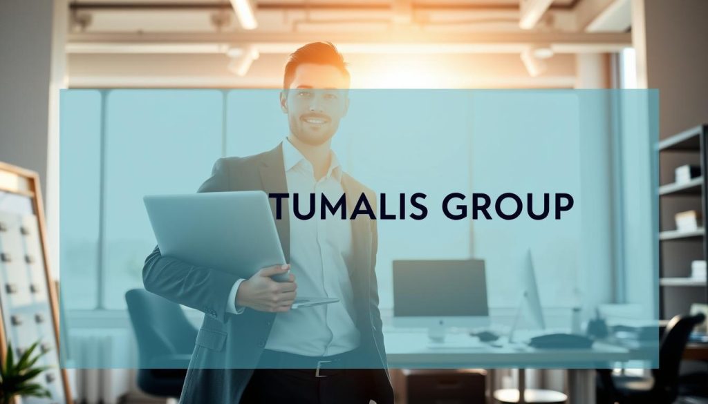 A professional consultant stands confidently in an airy, modern office, laptop in hand, surrounded by the tools of their trade. Sunlight streams through large windows, casting a warm, productive glow. The Umalis Group logo is prominently displayed, signifying their expertise in the art of "portage salarial" - a seamless and flexible path to independent consulting. In the background, a well-organized workspace hints at the efficient, operational nature of this freelance lifestyle. The scene conveys a sense of professionalism, flexibility, and the empowerment that comes with exercising one's craft on one's own terms.
