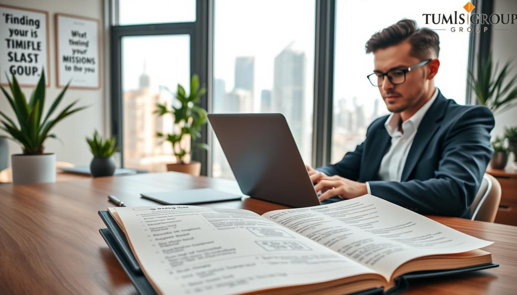 A professional consultant wearing a smart blazer and glasses, engaged in a video call on a laptop, sitting at a stylish wooden desk. In the foreground, an open notebook filled with notes and ideas about client acquisition. In the middle ground, a modern office space decorated with plants and motivational quotes, with a large window allowing natural light to fill the room, creating a bright and positive atmosphere. The background features a city skyline visible through the window, symbolizing opportunity and growth. The focus is on the determined and professional demeanor of the consultant, capturing the essence of "finding missions" and building a steady flow of clients. The brand name "UMALIS GROUP" is subtly included in the office decor, ensuring a cohesive theme.