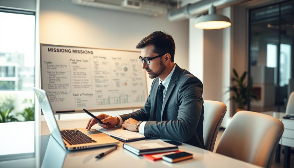 A professional consultant working diligently at a modern desk, surrounded by charts and digital devices, which represent mission planning and management. In the foreground, a focused individual in business attire engages with a laptop, a notepad, and a smartphone. In the middle, a whiteboard covered with strategies and tasks highlights the process of finding and managing consulting missions. The background features a bright, airy office space with large windows that let in natural light, giving a sense of productivity and clarity. The atmosphere is one of professionalism and motivation, with soft, warm lighting casting a glow that creates an inviting and engaging workspace. Use a slight angle from above to capture the dynamic workspace effectively. A professional consultant working diligently at a modern desk, surrounded by charts and digital devices, which represent mission planning and management. In the foreground, a focused individual in business attire engages with a laptop, a notepad, and a smartphone. In the middle, a whiteboard covered with strategies and tasks highlights the process of finding and managing consulting missions. The background features a bright, airy office space with large windows that let in natural light, giving a sense of productivity and clarity. The atmosphere is one of professionalism and motivation, with soft, warm lighting casting a glow that creates an inviting and engaging workspace. Use a slight angle from above to capture the dynamic workspace effectively.