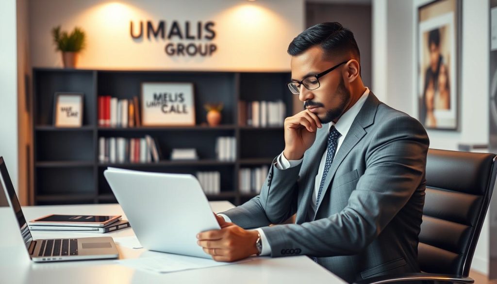 A professional consultant working for the Umalis Group, sitting at a desk in a modern, well-lit office. The consultant is dressed smartly in a tailored suit, deep in thought as they review a contract or client file. The desk is neatly organized, with a laptop, pen, and stack of documents. In the background, the walls are adorned with motivational artwork and shelves filled with industry-relevant books and resources. Warm, directional lighting illuminates the scene, creating a sense of focus and productivity. The overall mood is one of competence, expertise, and client-centric dedication.
