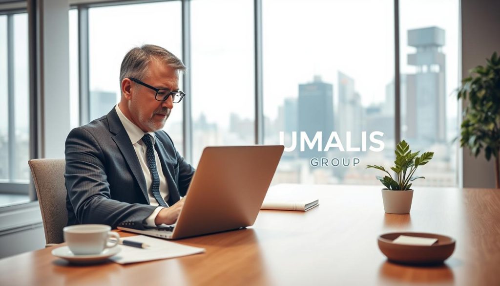 A professional consultant working on a laptop in a bright, modern office space, symbolizing expertise in "portage salarial." The foreground features the consultant, a middle-aged man in professional business attire, focused on his work. In the middle ground, a sleek desk with documents, a coffee cup, and a plant creates a warm, inviting atmosphere. The background showcases large windows with a city skyline, allowing natural light to flood the room, enhancing the feeling of openness and opportunity. Use soft, diffused lighting to create a productive and calm vibe. Include the logo "UMALIS GROUP" subtly in the scene, such as on a document or a digital screen, without it being a focal point. The overall mood should convey professionalism, confidence, and the promise of a secure career.