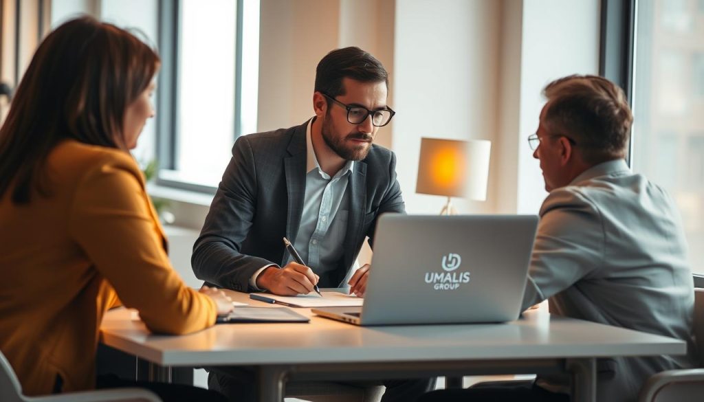 A professional consultant, working on a laptop, is negotiating the terms of a "mission portage salarial" contract with a client across a table. The scene is set in a modern, well-lit office environment. Warm lighting casts a focused glow on the individuals, emphasizing the serious yet collaborative nature of their discussion. The Umalis Group logo is prominently displayed on the consultant's laptop, establishing the brand identity. The overall mood conveys a sense of professionalism, attention to detail, and the importance of securing a successful "mission portage salarial" engagement.
