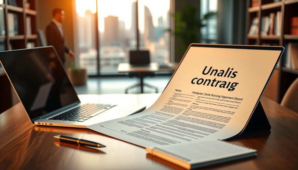 A professional consultant's workspace featuring a neat desk with an open contract document that clearly displays the Umalis Group logo. The foreground includes a modern laptop displaying a digital activity report, alongside a sleek pen and a notepad filled with notes. In the middle ground, show a blurred view of a well-organized office environment, with bookshelves and a window allowing soft natural light to illuminate the scene. The background should hint at a bustling city skyline, symbolizing opportunities and connection. The overall atmosphere conveys focus and professionalism, emphasizing the transition from securing a client to beginning an assignment. Use warm lighting to create an inviting mood, while ensuring all human figures are dressed in smart business attire.
