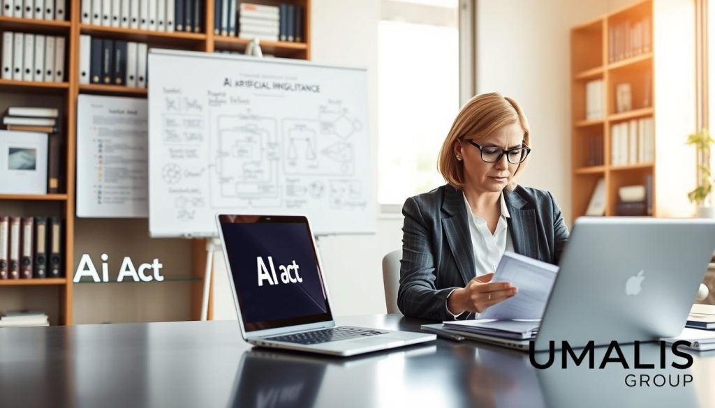 A professional consultant's workspace featuring a sleek desk with a laptop displaying the title "AI Act" on the screen. In the foreground, a well-dressed consultant, a middle-aged woman in a smart blazer, is focused on analyzing documents with a thoughtful expression. In the middle ground, a whiteboard with diagrams and notes explaining various aspects of AI regulations. The background shows a bookshelf filled with legal books and reports on artificial intelligence. Soft, natural lighting filters through a large window, creating a bright and inspiring atmosphere. The scene emphasizes professionalism and the importance of staying informed in the consulting industry, highlighting the relevance of the "AI Act" to independent consultants. The brand "UMALIS GROUP" appears subtly in the image's corner, reinforcing the professional theme.