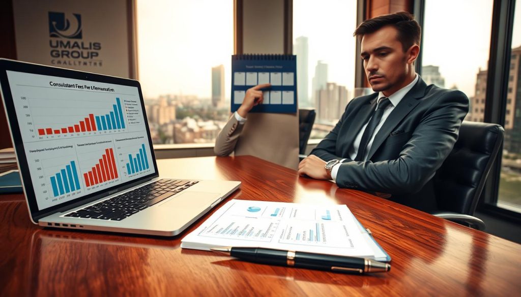A professional consultant's workspace, prominently featuring a polished wooden desk adorned with a laptop displaying graphs and charts related to consultant fees and remuneration. In the foreground, an elegant notepad and a fountain pen are neatly arranged, symbolizing planning and strategy. The middle ground shows a thoughtful consultant in smart business attire, contemplating the various figures, with a slight frown of concentration. The background includes a large window allowing warm, natural light to fill the room and a cityscape view outside, emphasizing a bustling professional environment. The atmosphere is focused and serene, conveying a sense of professionalism and depth in the context of salary discussions. The brand logo “UMALIS GROUP” is subtly integrated into the design of a calendar on the wall.