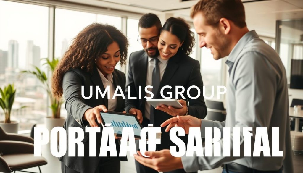 A professional consultant's workspace, showcasing the theme of choosing a "société de portage salarial". In the foreground, a diverse group of three individuals in professional business attire, engaged in a discussion over a digital tablet displaying graphs and data. The middle ground features a stylish office environment with a large window allowing natural light to illuminate the setting. There are modern furnishings like a sleek desk, comfortable chairs, and a potted plant for a fresh touch. In the background, a city skyline can be seen, symbolizing business opportunities. The overall mood is collaborative and focused, with a sense of professionalism and purpose. The brand name "UMALIS GROUP" is subtly represented in the decor, emphasizing expertise in the field of payroll management solutions. Soft, warm lighting creates an inviting atmosphere, highlighting teamwork and strategic thinking.