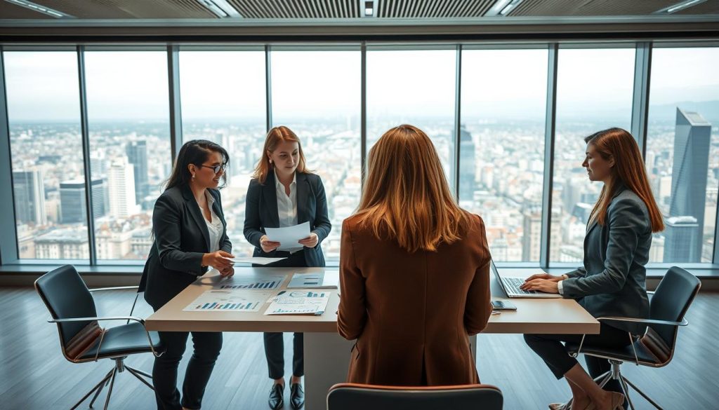 A professional consultation scene showcasing the concept of "portage salarial" in France. In the foreground, a diverse group of three professionals, dressed in smart business attire, engage in a discussion over documents and a laptop. In the middle ground, a modern office environment featuring a large table surrounded by charts and graphs illustrating financial stability and freelance success. The background displays a panoramic window overlooking a bustling cityscape, symbolizing opportunities. The lighting is bright and inviting, creating a warm and collaborative atmosphere. The overall mood reflects professionalism, security, and innovation associated with employment solutions. Include subtle branding elements, such as a logo or small object representing "UMALIS GROUP" without any text.