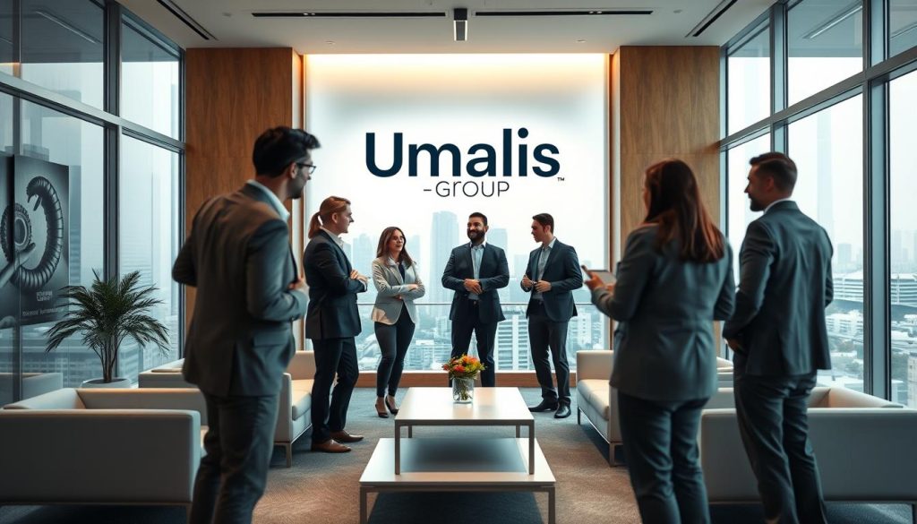 A professional consulting office with the Umalis Group logo prominently displayed on the wall. The room is well-lit, with large windows that let in natural light, creating a warm and inviting atmosphere. In the foreground, a group of consultants are engaged in a discussion, their body language and expressions conveying a sense of collaboration and exchange of ideas. The middle ground features a modular, minimalist design with sleek furniture and clean lines, reflecting the professionalism and attention to detail of the Umalis Group. The background showcases a city skyline, hinting at the broader context and reach of the consultancy services. The overall scene evokes a sense of expertise, trustworthiness, and a dedication to providing valuable insights to clients. A professional consulting office with the Umalis Group logo prominently displayed on the wall. The room is well-lit, with large windows that let in natural light, creating a warm and inviting atmosphere. In the foreground, a group of consultants are engaged in a discussion, their body language and expressions conveying a sense of collaboration and exchange of ideas. The middle ground features a modular, minimalist design with sleek furniture and clean lines, reflecting the professionalism and attention to detail of the Umalis Group. The background showcases a city skyline, hinting at the broader context and reach of the consultancy services. The overall scene evokes a sense of expertise, trustworthiness, and a dedication to providing valuable insights to clients.