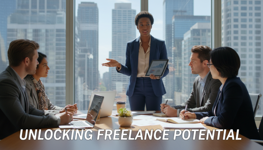 A professional consulting scene featuring a diverse group of consultants engaged in a dynamic discussion inside a modern, well-lit office. In the foreground, a Black woman in a tailored navy suit is confidently presenting insights on a tablet, while a Caucasian man in a gray blazer takes notes on a notepad. The middle ground showcases a sleek conference table adorned with laptops, scattered documents, and a potted plant, conveying a collaborative atmosphere. The background features large windows with a cityscape view, allowing natural light to flood the room, creating a bright and inspiring environment. The overall mood is focused and energetic, symbolizing the unlocking of potential within freelance management.