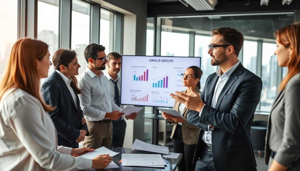 A professional consulting scene showcasing a diverse group of business individuals in a modern office setting, engaged in a productive discussion. In the foreground, a confident consultant from UMALIS GROUP, dressed in business attire, gestures towards a digital presentation on a sleek screen displaying graphs and charts related to SMEs and their expertise needs. The middle ground features several attentive business professionals, both men and women, analyzing documents and exchanging ideas. The background shows large windows with a city skyline, allowing soft, natural light to illuminate the space, creating a warm and collaborative atmosphere. The overall mood should convey innovation, teamwork, and professionalism, reflecting the theme of targeted consulting services for SMEs.