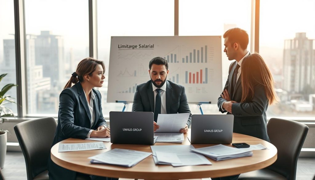 A professional, contemplative scene illustrating the concept of "limites portage salarial". In the foreground, a diverse group of three professionals dressed in smart business attire engages in a discussion around a round table, with documents and a laptop open before them. In the middle ground, a whiteboard is filled with charts and graphs, symbolizing limitations and considerations in portage salarial. The background features a modern office setting with large windows revealing a cityscape, bathed in soft natural light, creating an atmosphere of thoughtful analysis. The mood is focused and serious, conveying the importance of understanding the boundaries of portage salarial, with the branding "UMALIS GROUP" subtly integrated into the scene on the documents.