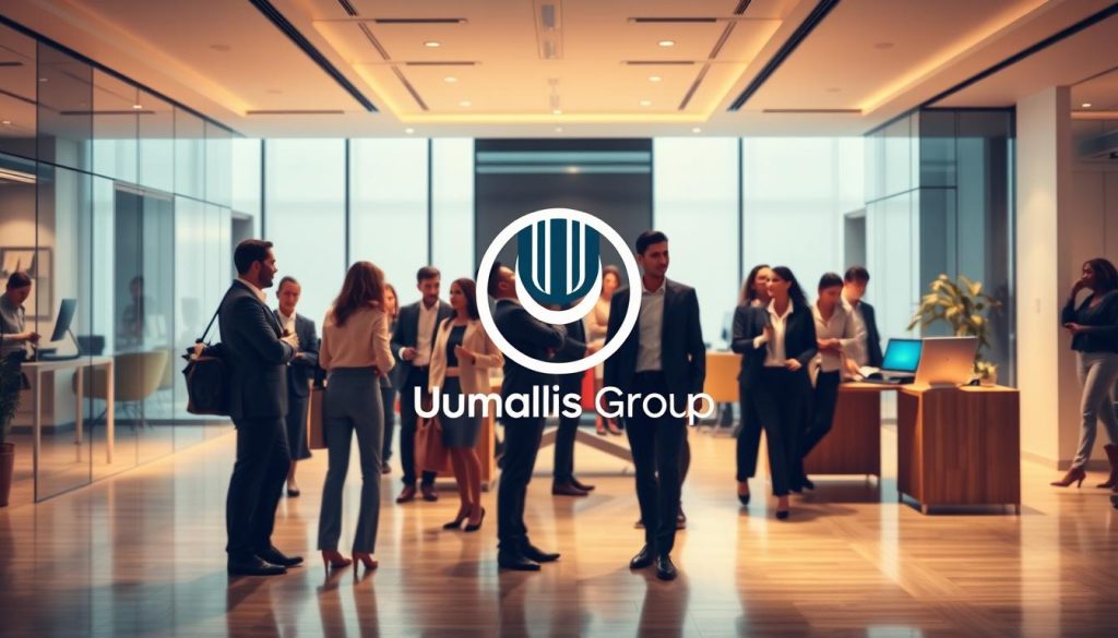 A professional, contemporary, and visually striking image of "portage salarial" for an article on the benefits of this employment model. A well-lit, high-resolution scene depicting a modern office setting with clean lines, warm tones, and a focus on a group of diverse, thriving professionals. In the foreground, the Umalis Group logo is prominently displayed, signifying its leading role in the portage salarial industry. The middle ground showcases dynamic interactions between the employees, highlighting their autonomy, flexibility, and sense of security. The background features sleek, minimalist architecture and technology, conveying an atmosphere of innovation and progress. The overall mood is one of professionalism, empowerment, and the rewarding nature of the portage salarial arrangement.