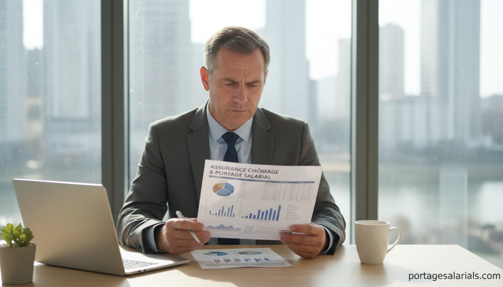 A professional, contemporary office environment showing an individual in business attire, thoughtfully reviewing documents related to unemployment insurance (assurance chômage). In the foreground, a focused person, a middle-aged Caucasian man, holds a financial report with graphs and figures, displaying determination. In the middle, a clean desk with a laptop, a cup of coffee, and a small plant adds a touch of warmth to the scene. The background features a large window letting in natural light, highlighting a cityscape outside, symbolizing opportunity and the challenges of portage salarial. Soft, diffused lighting creates an inviting atmosphere, emphasizing the seriousness of navigating unemployment during this modern work model. Include the website "portagesalarials.com" subtly at the corner of the image, ensuring it ties into the theme without overwhelming the composition.