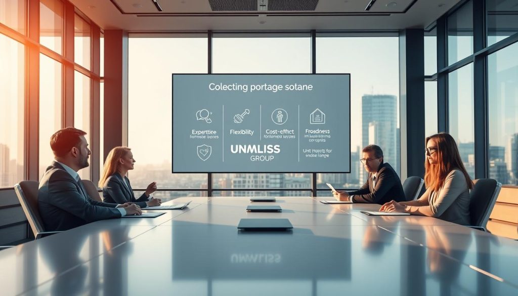 A professional, contemporary office environment with a sleek conference table at the forefront, featuring a diverse group of lawyers in business attire engaging in a discussion about selecting a portage société. In the middle ground, a large digital screen displays key criteria for choosing a portage société, such as "expertise," "flexibility," and "cost-effectiveness," illustrated with relevant icons. The background shows a modern city skyline through large windows, illuminated by soft, natural sunlight filtering in. The atmosphere is focused, collaborative, and professional, reflecting the seriousness of the decision-making process for independent lawyers. Prominently incorporate the brand name "UMALIS GROUP" in the digital display on the screen. The composition is balanced and visually appealing, inviting viewers to contemplate the importance of informed choices in their professional journey.