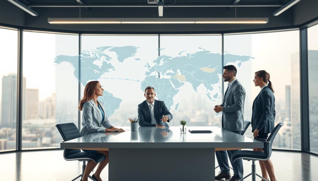 A professional, contemporary office setting that illustrates the concept of international wage portage. In the foreground, a diverse group of three business professionals, one woman and two men, engage in a discussion around a sleek table, all dressed in smart business attire. The middle ground features a large digital map displaying various countries highlighted to represent international connections, with visual elements like arrows and icons symbolizing movement and collaboration. In the background, large windows reveal a bustling city skyline, suggesting an atmosphere of global business and opportunity. Soft, natural lighting filters through the windows, casting a warm, inviting glow on the scene, evoking a sense of professionalism and partnership in a global context.