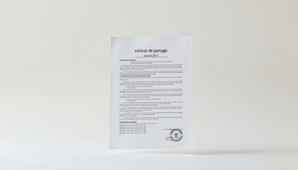 A professional contract document floating against a clean, neutral background with a soft, subtle lighting. The contract appears crisp and pristine, showcasing the intricate details of the legal text and official seals. The layout is balanced and visually appealing, creating a sense of formality and importance. The overall mood is one of professionalism, legality, and transparency, reflecting the serious nature of the "contrat de portage salarial" subject matter.