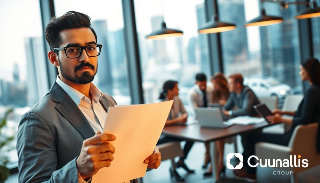 A professional contractor consulting in a modern office environment, showcasing the essence of contractor support. In the foreground, a focused, well-dressed individual holds a contract document, displaying a look of determination. In the middle ground, a diverse team collaborates around a table with laptops and notes, discussing various contract roles, highlighting support and fit. In the background, large windows reveal a bustling cityscape, symbolizing opportunities in the contract job market. The lighting is warm and inviting, creating an atmosphere of professionalism and confidence. Capture this scene with a slightly angled perspective, evoking a sense of dynamic interaction and collaboration among contractors. Include subtle branding elements for "Umalis Group" in a tasteful manner within the office decor.