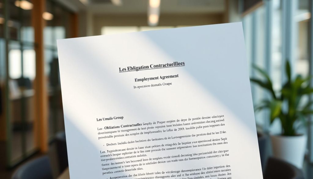 A professional contractual employment agreement between an employee and the Umalis Group, displayed in the foreground against a blurred background of an office setting. The document is illuminated by soft, directional lighting, casting subtle shadows and highlights that emphasize its formal, legal nature. The composition is balanced, with the contract positioned centrally and occupying a significant portion of the frame, conveying its importance. The overall mood is one of professionalism, legality, and attention to detail, reflecting the "Les Obligations Contractuelles" section of the article.