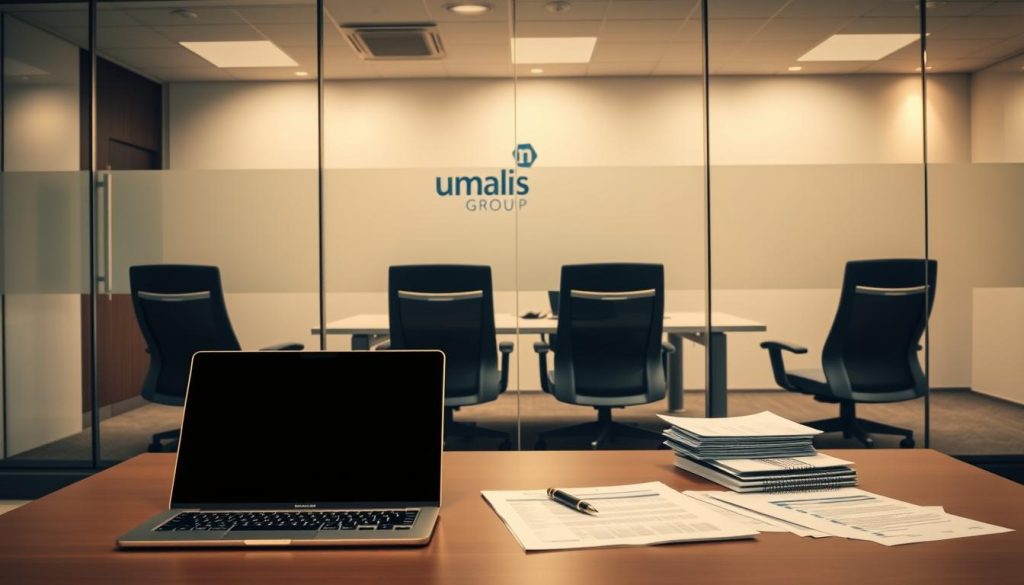 A professional corporate office interior with a glass partition wall, showcasing the "Umalis Group" brand. In the foreground, a modern, minimalist desk with a laptop, pen, and documents scattered across it, representing the "Portage Salarial Registre du Commerce" concept. The middle ground features sleek, ergonomic office chairs and a meeting table, exuding a sense of professionalism and efficiency. The background is filled with warm, indirect lighting, creating a calm and inviting atmosphere. The overall scene conveys the notion of a well-organized, technologically-advanced workspace dedicated to understanding the complexities of "Portage Salarial Registre du Commerce."