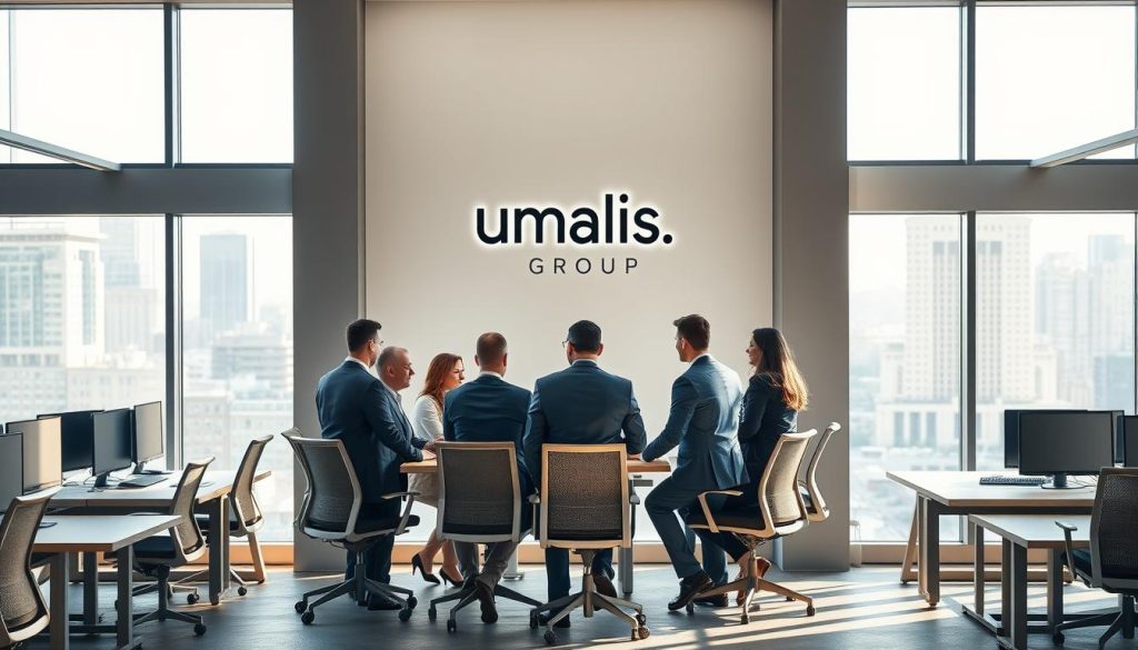 A professional corporate office interior with a modern, minimalist design. In the foreground, a team of businesspeople in formal attire are gathered around a conference table, engaged in discussion. The Umalis Group logo is prominently displayed on the wall behind them. The lighting is bright and natural, casting a warm glow over the scene. The mid-ground features neatly organized desks and ergonomic chairs, while the background showcases floor-to-ceiling windows overlooking a cityscape. The overall atmosphere conveys a sense of productivity, collaboration, and the business of "portage salarial" or professional employment services. A professional corporate office interior with a modern, minimalist design. In the foreground, a team of businesspeople in formal attire are gathered around a conference table, engaged in discussion. The Umalis Group logo is prominently displayed on the wall behind them. The lighting is bright and natural, casting a warm glow over the scene. The mid-ground features neatly organized desks and ergonomic chairs, while the background showcases floor-to-ceiling windows overlooking a cityscape. The overall atmosphere conveys a sense of productivity, collaboration, and the business of "portage salarial" or professional employment services.