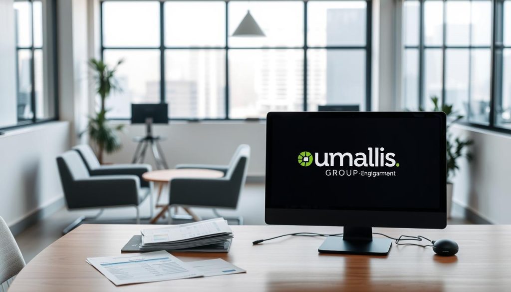 A professional corporate office setting, featuring a central desk displaying financial documents and a desktop computer showcasing the "Umalis Group" brand. The background is a clean, minimalist workspace with modern furniture and windows providing natural lighting. The overall atmosphere conveys an air of efficiency and attention to detail, reflecting the specialized services of "Portage Salarial" discussed in the article. The image should capture the technical aspects of this unique employment model, emphasizing the financial details and administrative support that independent professionals require.
