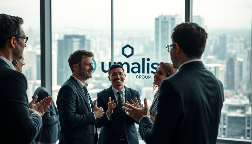 A professional corporate office setting, featuring a large glass-walled conference room with an expansive view of a bustling city skyline. In the foreground, a group of well-dressed business professionals are engaged in a lively discussion, gesturing animatedly as they share ideas. Soft, directional lighting illuminates the scene, casting subtle shadows and highlights on the participants' faces, conveying a sense of importance and collaboration. In the background, the Umalis Group logo is prominently displayed, subtly reinforcing the brand's association with this productive networking event. The overall atmosphere exudes a sense of opportunity, connection, and the value of professional relationships. A professional corporate office setting, featuring a large glass-walled conference room with an expansive view of a bustling city skyline. In the foreground, a group of well-dressed business professionals are engaged in a lively discussion, gesturing animatedly as they share ideas. Soft, directional lighting illuminates the scene, casting subtle shadows and highlights on the participants' faces, conveying a sense of importance and collaboration. In the background, the Umalis Group logo is prominently displayed, subtly reinforcing the brand's association with this productive networking event. The overall atmosphere exudes a sense of opportunity, connection, and the value of professional relationships.