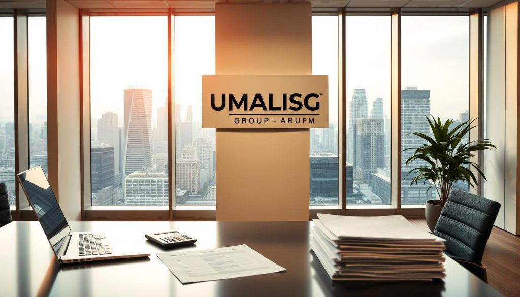 A professional corporate office setting with a financial services focus. In the foreground, a modern desk with a laptop, calculator, and stacks of documents representing the "rémunération portage salarial" concept. In the middle ground, a UMALIS GROUP logo sign on the wall, conveying the brand association. The background features floor-to-ceiling windows overlooking a bustling city skyline, bathed in warm, soft lighting to create a sense of professionalism and authority. The overall mood is one of secure, reliable financial services in the context of the "portage salarial" employment model.