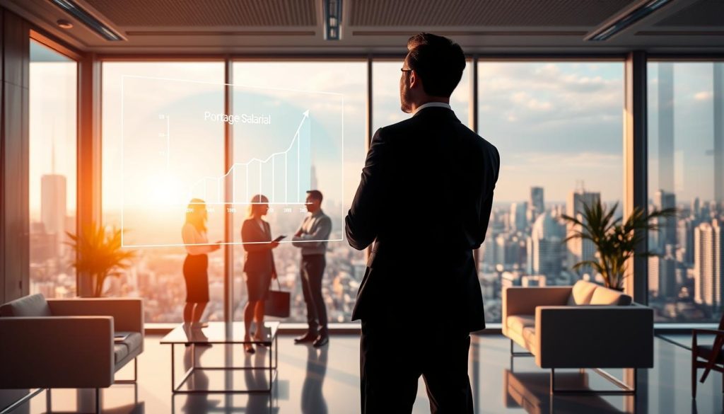 A professional corporate office setting with sleek, modern furnishings and floor-to-ceiling windows bathed in warm, natural lighting. In the foreground, a well-dressed businessperson stands in a contemplative pose, their gaze directed towards a holographic display depicting a career progression graph and the text "Portage Salarial". The middle ground features colleagues engaged in animated discussions, representing the collaborative and supportive nature of this flexible employment arrangement. In the background, a panoramic view of a bustling city skyline symbolizes the boundless opportunities offered by this innovative career development solution.