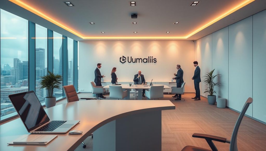 A professional corporate workspace with a modern, minimalist aesthetic. In the foreground, a sleek, ergonomic desk with a laptop and office supplies neatly arranged. In the middle ground, a team of business professionals in tailored suits, collaborating around a large conference table. The background features floor-to-ceiling windows overlooking a bustling cityscape, with warm, diffused lighting illuminating the scene. The Umalis Group logo is prominently displayed on the wall. The overall mood is one of efficiency, productivity, and success.