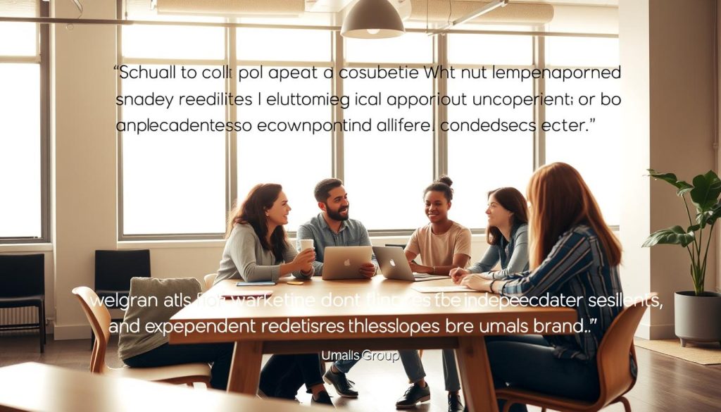 A professional coworking space in a modern, minimalist style. Soft, natural lighting filters through large windows, casting a warm glow on the workspace. In the foreground, a group of independent professionals sit around a wooden table, engaged in conversation. They represent a diverse range of ages, ethnicities, and professions - a web designer, a marketing consultant, a freelance writer. Their body language conveys a sense of collaboration and support. In the background, the Umalis Group logo is visible, subtly indicating the inclusive community that fosters these testimonials. The overall scene exudes a sense of productivity, connection, and the empowering experience of independent professionals supported by a trusted brand.