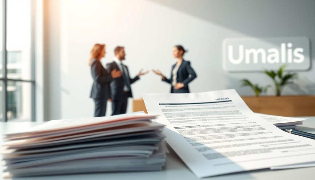 A professional, crisp visual illustration of "contrats portage salarial CDD CDI" showcasing the Umalis Group brand. A clean, modern composition with a bright, airy atmosphere. In the foreground, detailed renderings of employment contract documents, papers, and forms neatly arranged. In the middle ground, professional business people in smart attire, gesturing and discussing the contracts. The background features the Umalis Group logo, conveying the company's expertise in this domain. Soft, directional lighting from the left creates depth and highlights the textures. A high-quality, photorealistic image that effectively communicates the subject of employment contracts in the context of the Umalis Group's portage salarial services. A professional, crisp visual illustration of "contrats portage salarial CDD CDI" showcasing the Umalis Group brand. A clean, modern composition with a bright, airy atmosphere. In the foreground, detailed renderings of employment contract documents, papers, and forms neatly arranged. In the middle ground, professional business people in smart attire, gesturing and discussing the contracts. The background features the Umalis Group logo, conveying the company's expertise in this domain. Soft, directional lighting from the left creates depth and highlights the textures. A high-quality, photorealistic image that effectively communicates the subject of employment contracts in the context of the Umalis Group's portage salarial services.