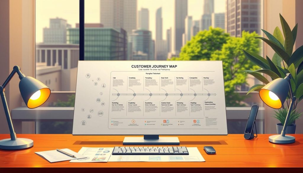 A professional customer journey map displayed on a stylish wooden desk, illuminated by warm, diffused lighting. In the foreground, detailed customer touchpoints are showcased with icons and annotations. The middle ground features a sleek, minimalist infographic layout highlighting the stages of the customer journey. In the background, a cityscape with modern architecture and lush greenery sets the scene, conveying a sense of urban, forward-thinking professionalism. The overall composition radiates a balance of analytical clarity and design-forward aesthetics, reflecting the subject of "Understanding the Customer Journey" for independent professionals.