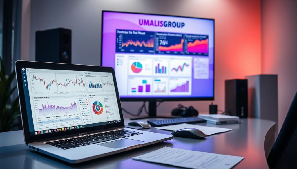 A professional data analyst's workstation, set against a sleek Umalis Group backdrop. In the foreground, a laptop displays intricate charts and graphs, illuminated by soft, directional lighting. Midground, a modern, minimalist desk with a stylish mouse and keyboard. Paperwork and reference materials neatly organized. In the background, a large monitor showcases an interactive data visualization dashboard, its vibrant colors and clean UI reflecting the Umalis Group brand. A sense of focus, efficiency, and technological mastery permeates the scene.