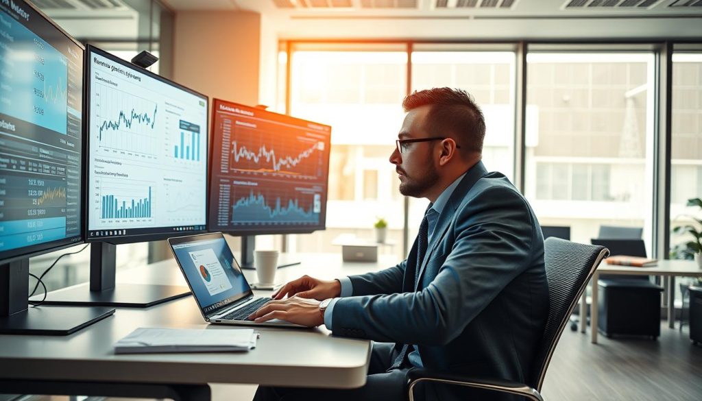 A professional data scientist in business attire, seated at a modern workspace, analyzing data on multiple high-resolution screens displaying graphs and financial metrics related to daily revenue optimization. In the foreground, a sleek laptop with analytical software visible. The middle ground features a clutter-free desk, with notes and a coffee cup. The background shows a bright office environment with large windows letting in soft natural light, creating a warm atmosphere. The mood is focused and innovative, representing the merging of technology and business strategy in data science. The camera angle captures depth, emphasizing the workspace's modernity and functionality. No text or branding present. A professional data scientist in business attire, seated at a modern workspace, analyzing data on multiple high-resolution screens displaying graphs and financial metrics related to daily revenue optimization. In the foreground, a sleek laptop with analytical software visible. The middle ground features a clutter-free desk, with notes and a coffee cup. The background shows a bright office environment with large windows letting in soft natural light, creating a warm atmosphere. The mood is focused and innovative, representing the merging of technology and business strategy in data science. The camera angle captures depth, emphasizing the workspace's modernity and functionality. No text or branding present.