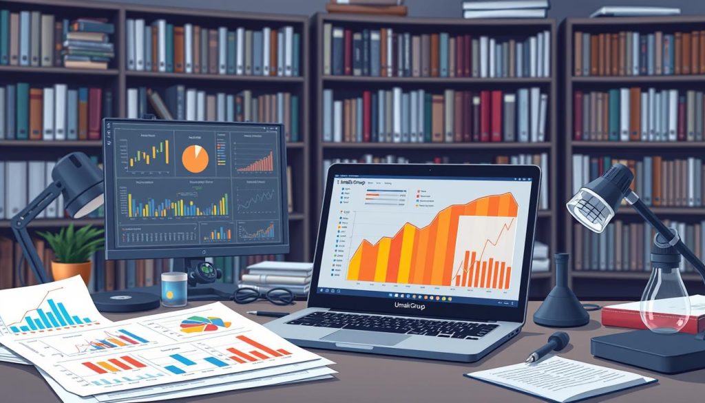 A professional data scientist's workspace featuring a Umalis Group laptop displaying statistical analysis charts and graphs on a high-resolution monitor. The foreground showcases an array of colorful data visualizations, while the middle ground includes scientific instruments and reference materials. In the background, a bookshelf lined with textbooks and journals creates an atmosphere of academic rigor. The lighting is soft and indirect, creating a contemplative mood suitable for in-depth statistical analysis in service of A/B testing. A professional data scientist's workspace featuring a Umalis Group laptop displaying statistical analysis charts and graphs on a high-resolution monitor. The foreground showcases an array of colorful data visualizations, while the middle ground includes scientific instruments and reference materials. In the background, a bookshelf lined with textbooks and journals creates an atmosphere of academic rigor. The lighting is soft and indirect, creating a contemplative mood suitable for in-depth statistical analysis in service of A/B testing.
